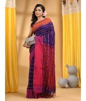  Traditional Bengali Begampuri  Handloom Cotton Saree With Blouse Piece(Blue Pink)