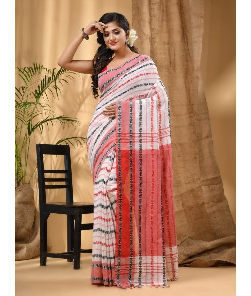 Traditional Bengali Begampuri Handloom Cotton Saree With Blouse Piece (White Black Red)
