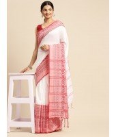  Flower Design Bengamuri Pure Handloom Cotton Saree With Blouse Piece (Red White)