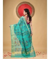  Handloom Cotton Blend Saree Floral Leaf Design With Blouse Piece (Firoza)