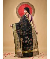 Handloom Cotton Blend Saree Floral Leaf Design With Blouse Piece (Black)