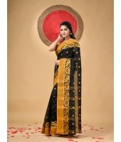  Handloom Cotton Saree Chakra Phool Woven Designer Without Blouse Piece Black)
