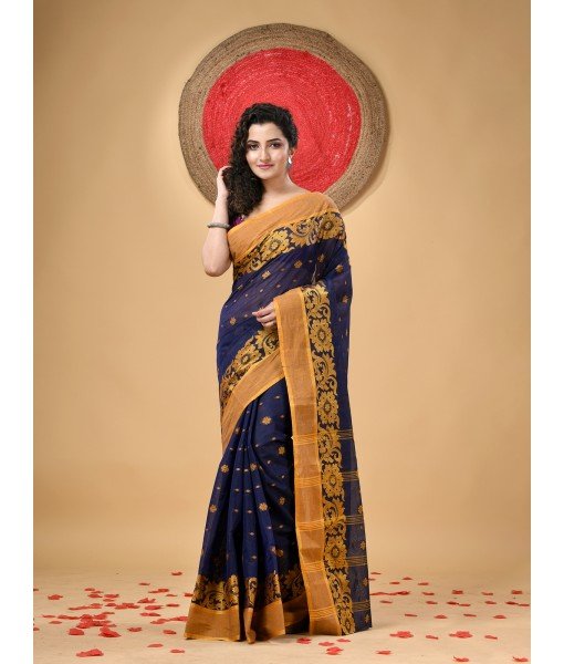  Handloom Cotton Saree Chakra Phool Woven Designer Without Blouse Piece (Bl;ue)