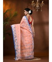 Traditional Pure Handloom Cotton Saree Leaf Woven Design Without Blouse Piece (Deep Peach)