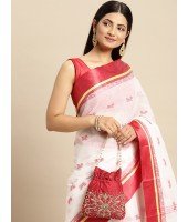 Pure Handloom Cotton Saree Navarupa Velvet Par Design Without Blouse Piece (White Red)