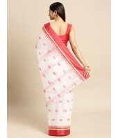 Pure Handloom Cotton Saree Navarupa Velvet Par Design Without Blouse Piece (White Red)
