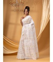 Phulkari Resham Dhakai jamdani Bengal Pure Cotton Handloom Saree Whole Body Design without Blouse Piece (Off White)