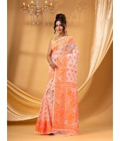  Phulkari Resham Dhakai jamdani Bengal Pure Cotton Handloom Saree Whole Body Design without Blouse Piece (Orange White)