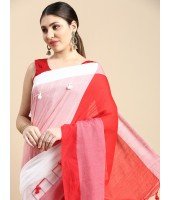  Handloom Tant Pure Cotton Saree Pompom Desigined With Blouse Piece (Red White)