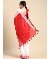  Handloom Tant Pure Cotton Saree Pompom Desigined With Blouse Piece (Red White)