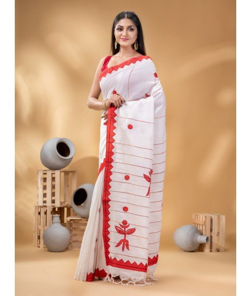  Khesh Pure Cotton Handloom Saree Trinayani Durga Designed With Blouse Piece (White Red)