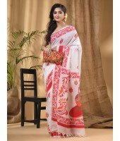  Cotton Handloom Saree Uma Ganesh Printed Design Handloom Saree with Blouse Piece (Brown red White)