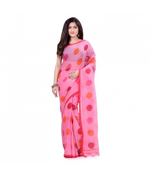 dB DESH BIDESH Women`s Moon Folka Design Malmal Bengal Handloom Pure Cotton Saree Without Blouse Piece Tussar Pink Red