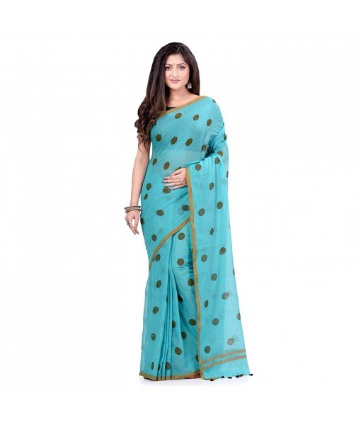dB DESH BIDESH Women`s Traditional Soft Mulmul Polka Dots Design Pure Cotton Handloom Saree Without Blouse Piece Blue