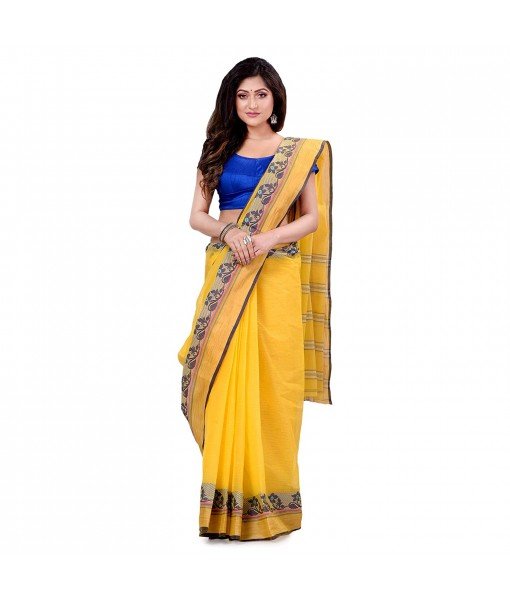 Women`s Traditional Bengal Tant Pure Handloom Cotton Saree PushpoLata Woven Design Without Blouse Piece Deep Yellow