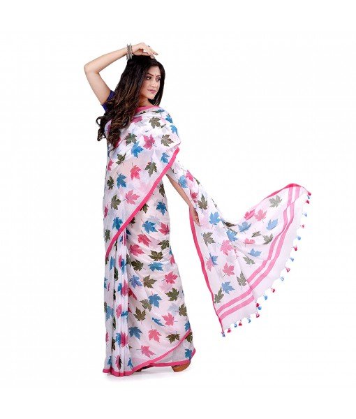 dB DESH BIDESH Women`s Traditional Soft Mulmul Maple Leaf Design Bengal Handloom Pure Cotton Saree Without Blouse Piece Blue Green Pink