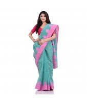 DESH BIDESH Women`s Traditional Tant Pure Handloom Cotton Saree Woven Tri Flower Designer Without Blouse Piece (Firoza)