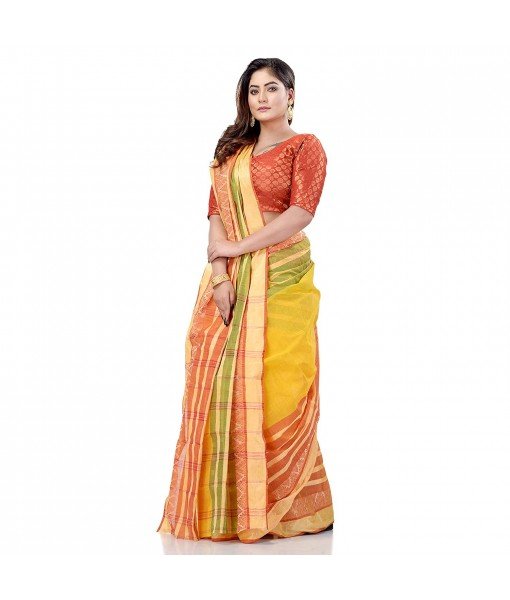 dB DESH BIDESH Women`s Traditional Bengali 3D Temple Design Pure Handloom Cotton Saree Without Blouse Piece (Yellow)