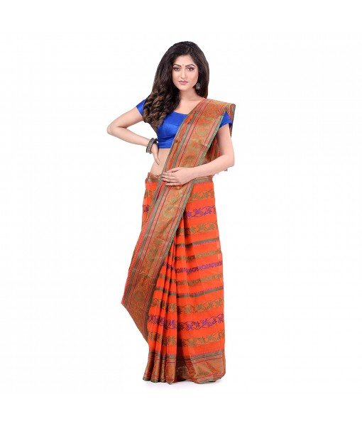 dB DESH BIDESH Women`s Traditional Bengal Tant Pure Handloom Cotton Saree Blossom Design Without Blouse Piece Orange