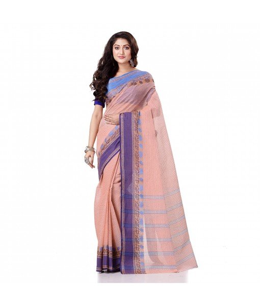 Bengal Soft Cotton Women`s Traditional Bengal Tant Pure Handloom Cotton Saree Jol Torongo Woven Design Without Blouse Piece Flamingo Blue