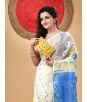 Resham Dhakai Jamdani Cotton Handloom Saree Aam Kolka Design Jamdani Saree (White Blue)
