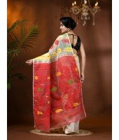 Resham Dhakai Jamdani Cotton Handloom Saree Aam Kolka Design Jamdani Saree (White Red)