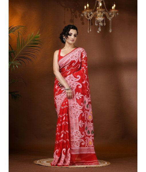 Resham Dhakai Jamdani Cotton Handloom Saree Alpana Paisle Kolka Design Jamdani Saree (Red)