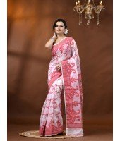 Resham Dhakai Jamdani Cotton Handloom Saree Alpana Paisle Kolka Design Jamdani Saree (White)