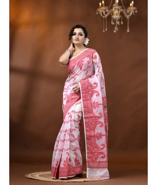 Resham Dhakai Jamdani Cotton Handloom Saree Alpana Paisle Kolka Design Jamdani Saree (White)