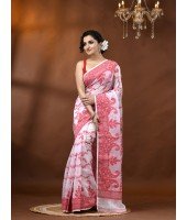 Resham Dhakai Jamdani Cotton Handloom Saree Alpana Paisle Kolka Design Jamdani Saree (White)