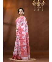 Resham Dhakai Jamdani Cotton Handloom Saree Alpana Paisle Kolka Design Jamdani Saree (White)