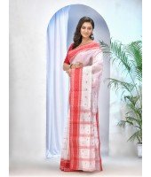 Women's Tant Cotton Saree (DBSARE131218WOBRWCL9_White, Red)