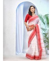 Women's Tant Cotton Saree (DBSARE131218WOBRWCL9_White, Red)