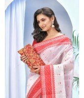 Women's Tant Cotton Saree (DBSARE131218WOBRWCL9_White, Red)
