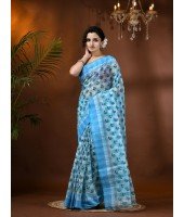  Banphul Print Design Pure Handloom Cotton Saree Without Blouse Piece (Blue)