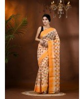  Banphul Print Design Pure Handloom Cotton Saree Without Blouse Piece (Yellow)