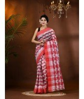  Banphul Print Design Pure Handloom Cotton Saree Without Blouse Piece (Red)