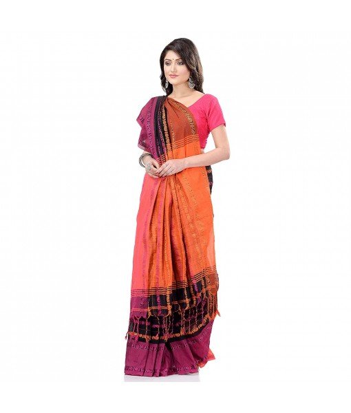 dB DESH BIDESH Women`s Traditional Bengali Begampuri Pure Handloom Cotton Saree With Blouse Piece (Black Orange)