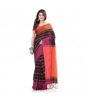 dB DESH BIDESH Women`s Traditional Bengali Begampuri Pure Handloom Cotton Saree With Blouse Piece (Black Orange)