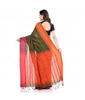 dB DESH BIDESH Women`s Traditional Bengali Begampuri Pure Handloom Cotton Saree With Blouse Piece (Pesta green Orange)