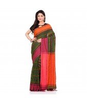 dB DESH BIDESH Women`s Traditional Bengali Begampuri Pure Handloom Cotton Saree With Blouse Piece (Pesta green Orange)