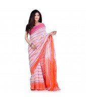 dB DESH BIDESH Women`s Traditional Bengali Begampuri Pure Handloom Cotton Saree With Blouse Piece (Pink White Orange)