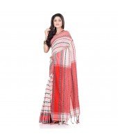 dB DESH BIDESH Women`s Traditional Bengali Begampuri Pure Handloom Cotton Saree With Blouse Piece (White Black Red)
