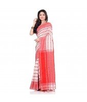 dB DESH BIDESH Women`s Traditional Bengali Begampuri Pure Handloom Cotton Saree With Blouse Piece (White Red)
