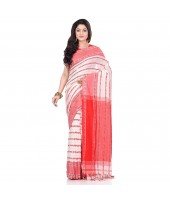 dB DESH BIDESH Women`s Traditional Bengali Begampuri Pure Handloom Cotton Saree With Blouse Piece (White Red)