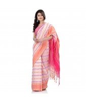 dB DESH BIDESH Women`s Traditional Bengali Begampuri Pure Handloom Cotton Saree With Blouse Piece (White Pink)
