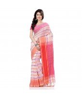 dB DESH BIDESH Women`s Traditional Bengali Begampuri Pure Handloom Cotton Saree With Blouse Piece (White Pink)