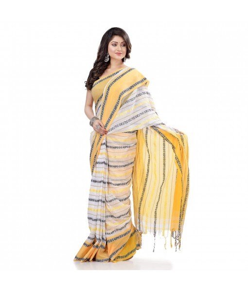 dB DESH BIDESH Women`s Traditional Bengali Begampuri Pure Handloom Cotton Saree With Blouse Piece (White Yellow)