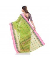 dB DESH BIDESH Women`s Traditional Bengali Tant Lotus Design Pure Handloom Cotton Saree Without Blouse Piece (Green Pink)