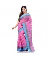 dB DESH BIDESH Women`s Traditional Bengali Tant Lotus Design Pure Handloom Cotton Saree Without Blouse Piece (Pink Blue)